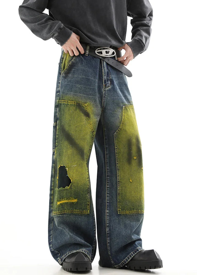 Blue Niche Design Loose Wide Leg Hip-Hop Jeans - Men’s Jeans
