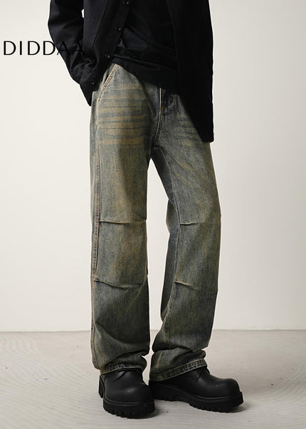 Blue Nostalgic Wash Double Pleated Flared Jeans - Men’s Jeans