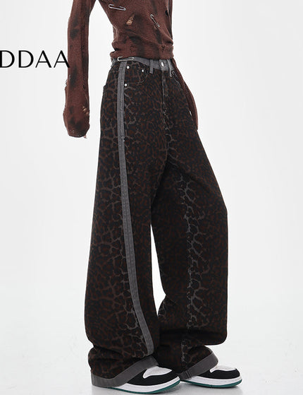 Blue Patchwork Design Loose Wide-Leg Jeans - S / Leopard - Women’s Jeans