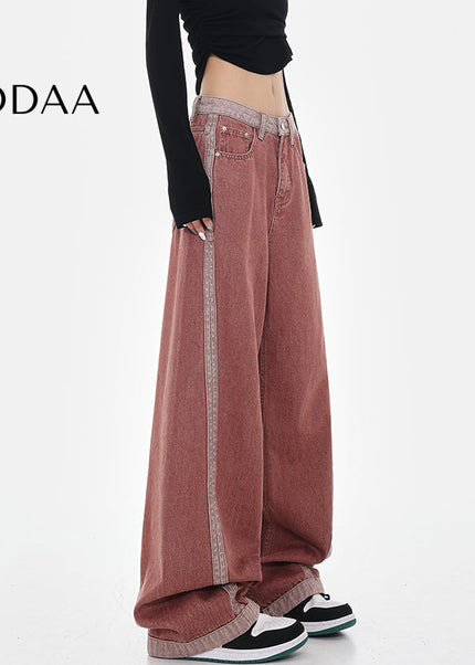 Blue Patchwork Design Loose Wide-Leg Jeans - S / Red - Women’s Jeans