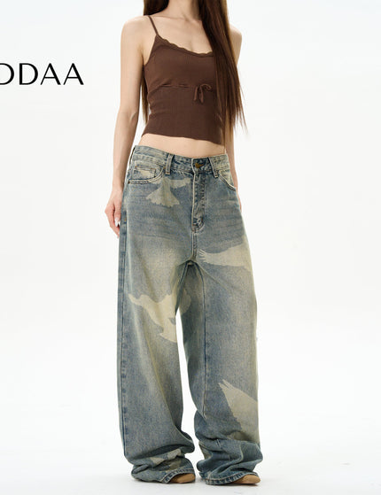 Blue Pigeon Print High-Quality Straight-Leg Jeans - M / Vintage Blue - Women’s Jeans
