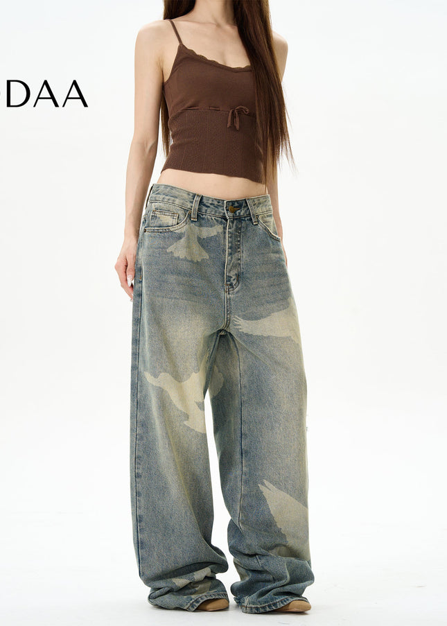 Blue Pigeon Print High-Quality Straight-Leg Jeans - M / Vintage Blue - Women’s Jeans