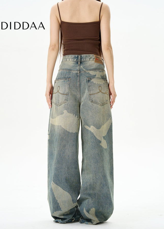 Blue Pigeon Print High-Quality Straight-Leg Jeans - Women’s Jeans
