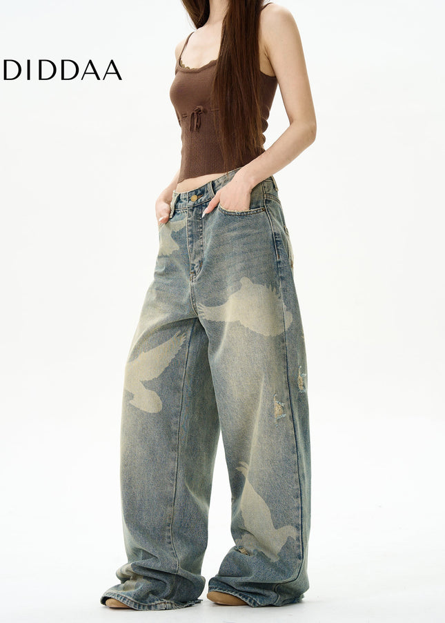 Blue Pigeon Print High-Quality Straight-Leg Jeans - Women’s Jeans