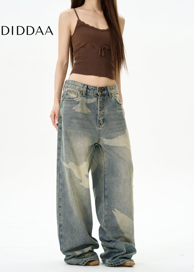 Blue Pigeon Print High-Quality Straight-Leg Jeans - Women’s Jeans