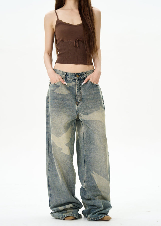 Blue Pigeon Print High-Quality Straight-Leg Jeans - Women’s Jeans