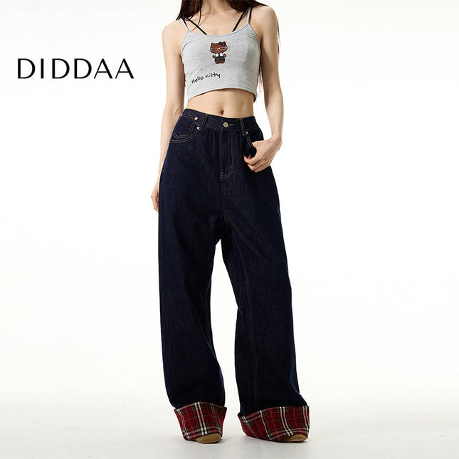 Blue Plaid Patch Wide Leg Jeans for Couples - S / Dark Blue - Women’s Jeans