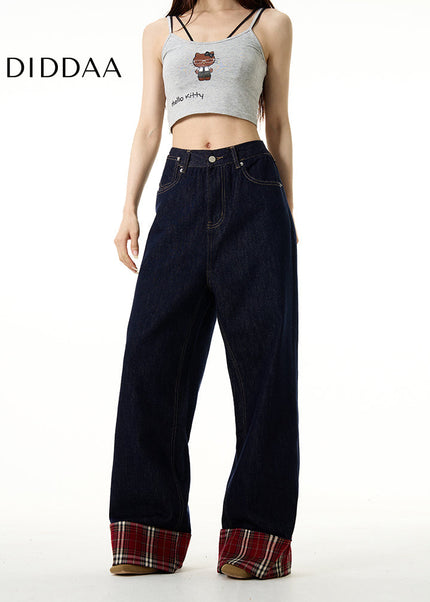 Blue Plaid Patch Wide Leg Jeans for Couples - Women’s Jeans