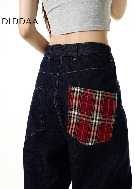 Blue Plaid Patch Wide Leg Jeans for Couples - Women’s Jeans