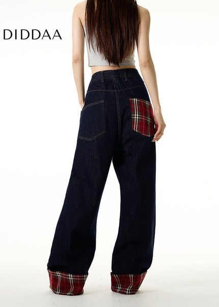 Blue Plaid Patch Wide Leg Jeans for Couples - Women’s Jeans