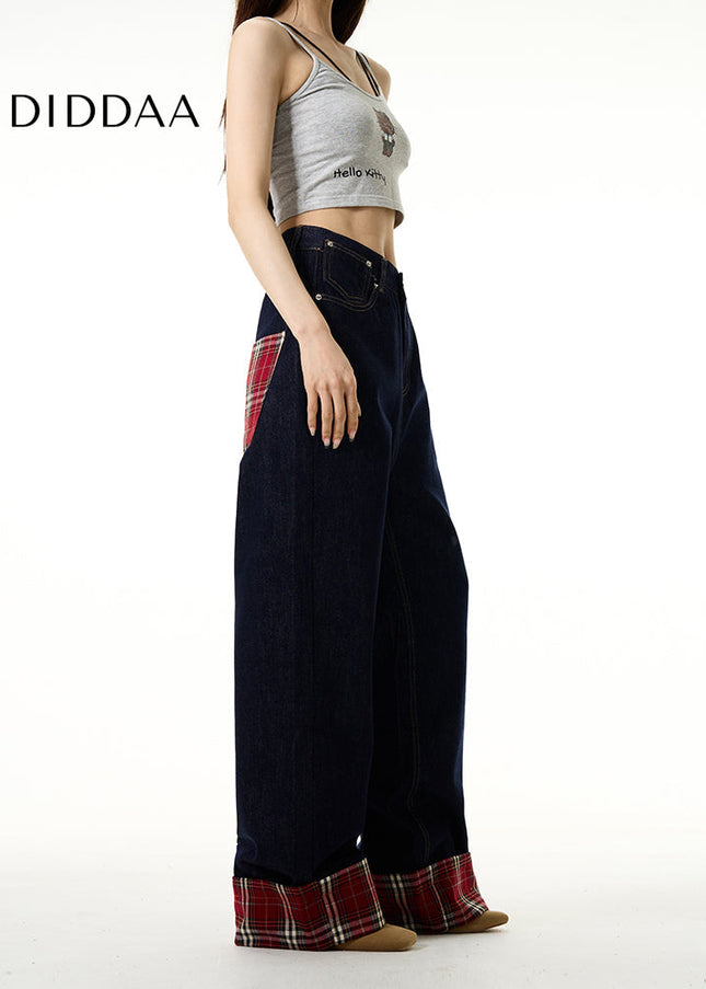 Blue Plaid Patch Wide Leg Jeans for Couples - Women’s Jeans