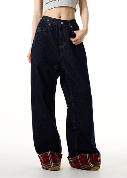 Blue Plaid Patch Wide Leg Jeans for Couples - Women’s Jeans