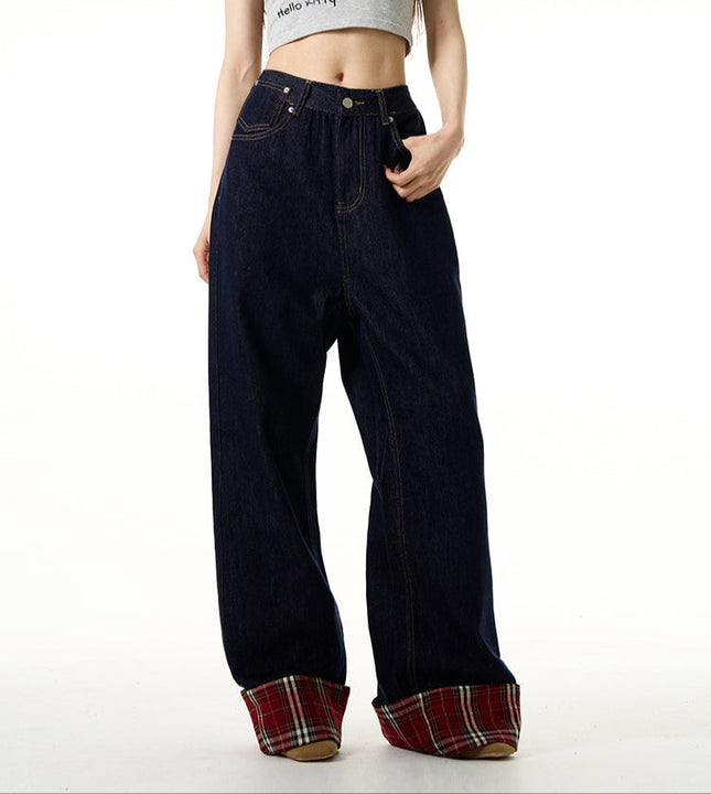 Blue Plaid Patch Wide Leg Jeans for Couples - Women’s Jeans