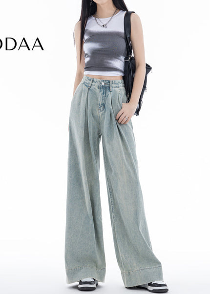 Blue Pleated Loose Fit American Straight-Leg Jeans - Women’s Jeans