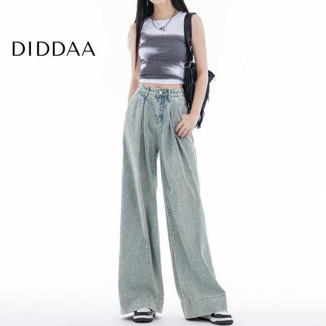 Blue Pleated Loose Fit American Straight-Leg Jeans - Women’s Jeans