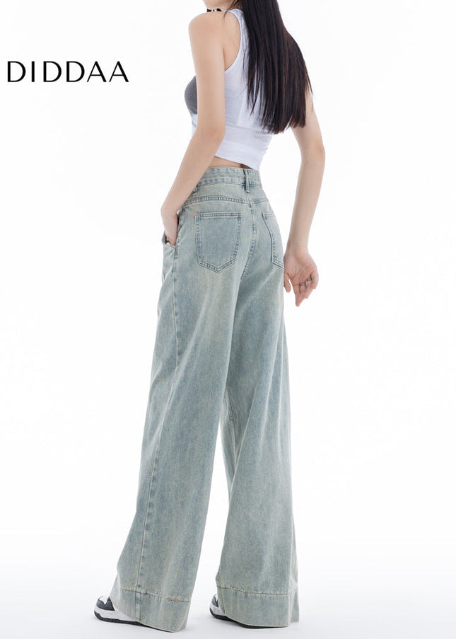 Blue Pleated Loose Fit American Straight-Leg Jeans - Women’s Jeans