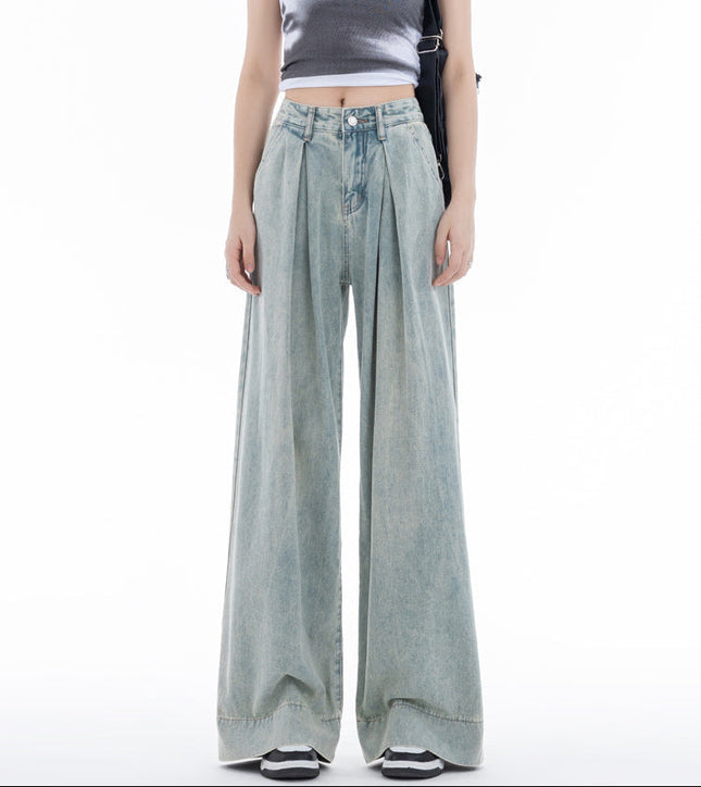 Blue Pleated Loose Fit American Straight-Leg Jeans - Women’s Jeans