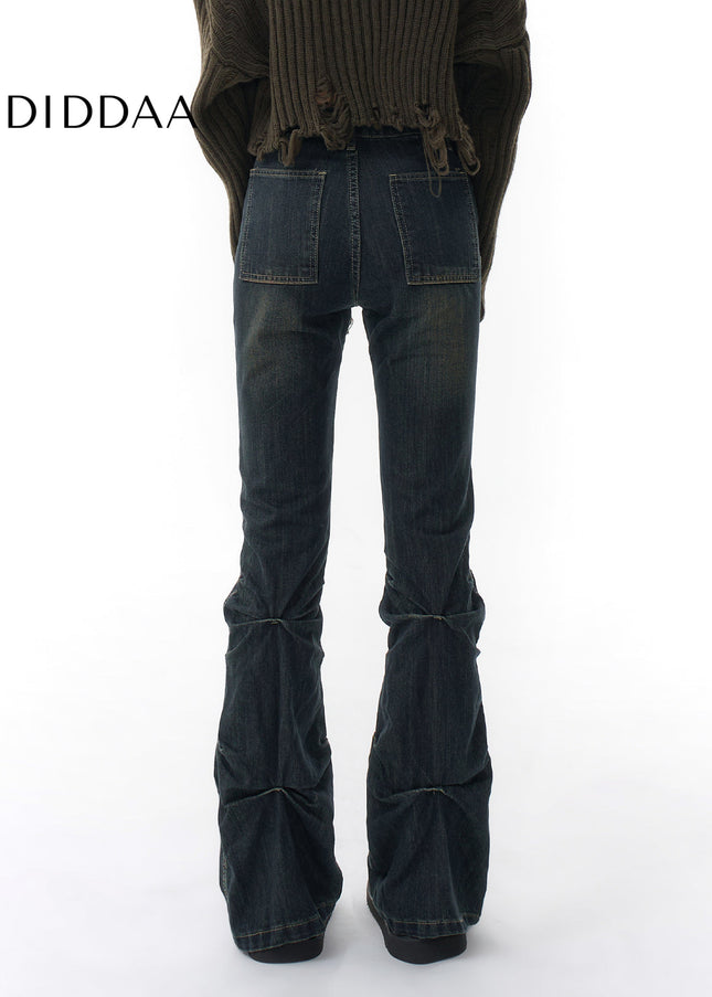 Blue Pleated Micro Flared Jeans Women’s Niche Design - Women’s Jeans