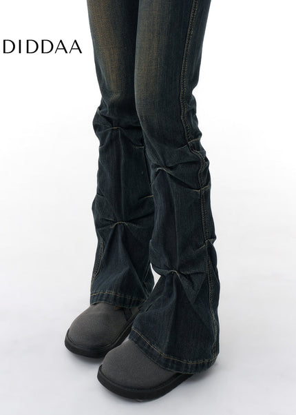 Blue Pleated Micro Flared Jeans Women’s Niche Design - Women’s Jeans