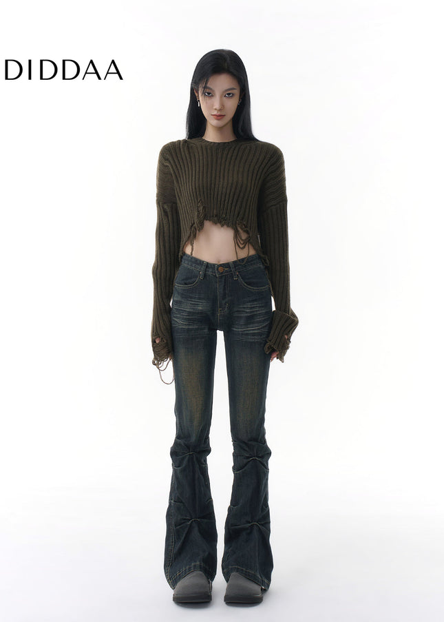 Blue Pleated Micro Flared Jeans Women’s Niche Design - Women’s Jeans