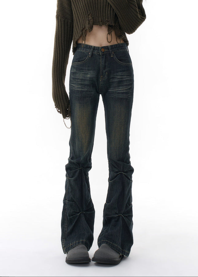 Blue Pleated Micro Flared Jeans Women’s Niche Design - Women’s Jeans