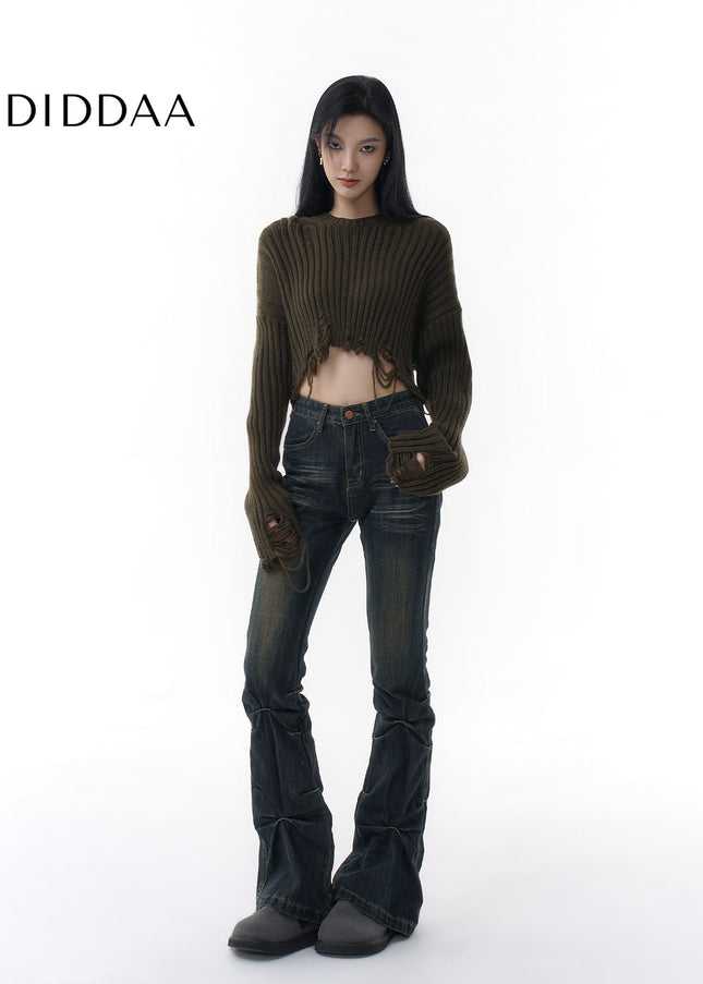 Blue Pleated Micro Flared Jeans Women’s Niche Design - Women’s Jeans