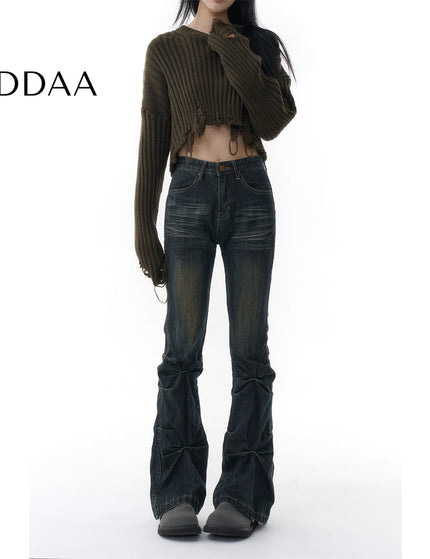 Blue Pleated Micro Flared Jeans Women’s Niche Design - XS / Dark Blue - Women’s Jeans