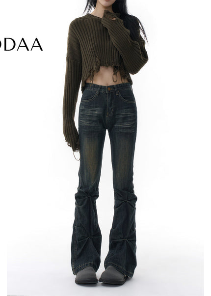 Blue Pleated Micro Flared Jeans Women’s Niche Design - XS / Dark Blue - Women’s Jeans