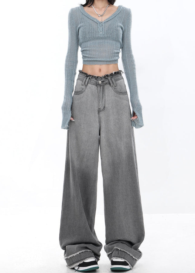 Blue Raw Edge Retro Gradient Wide-Leg Jeans - Women’s Jeans