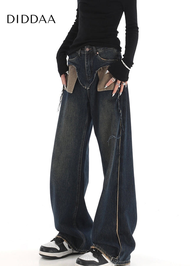 Blue Raw Edge Wide-Leg Jeans with Unique Design - S / Dark Blue - Women’s Jeans
