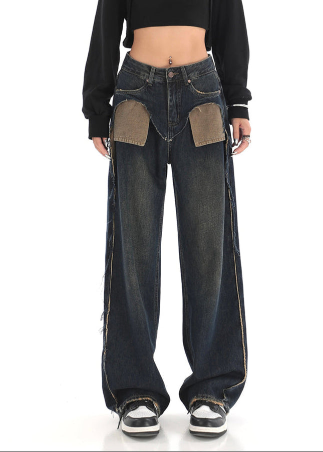 Blue Raw Edge Wide-Leg Jeans with Unique Design - Women’s Jeans