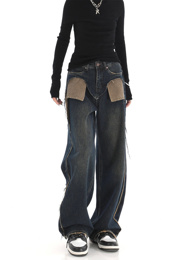 Blue Raw Edge Wide-Leg Jeans with Unique Design - Women’s Jeans