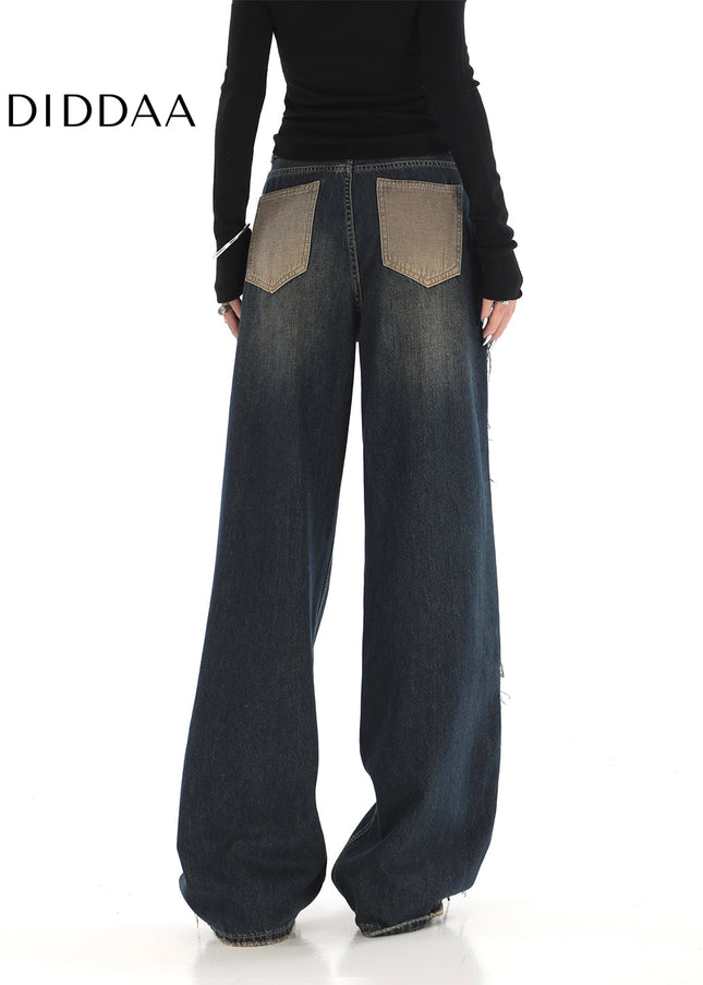 Blue Raw Edge Wide-Leg Jeans with Unique Design - Women’s Jeans