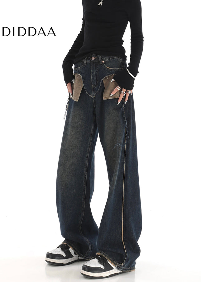 Blue Raw Edge Wide-Leg Jeans with Unique Design - Women’s Jeans