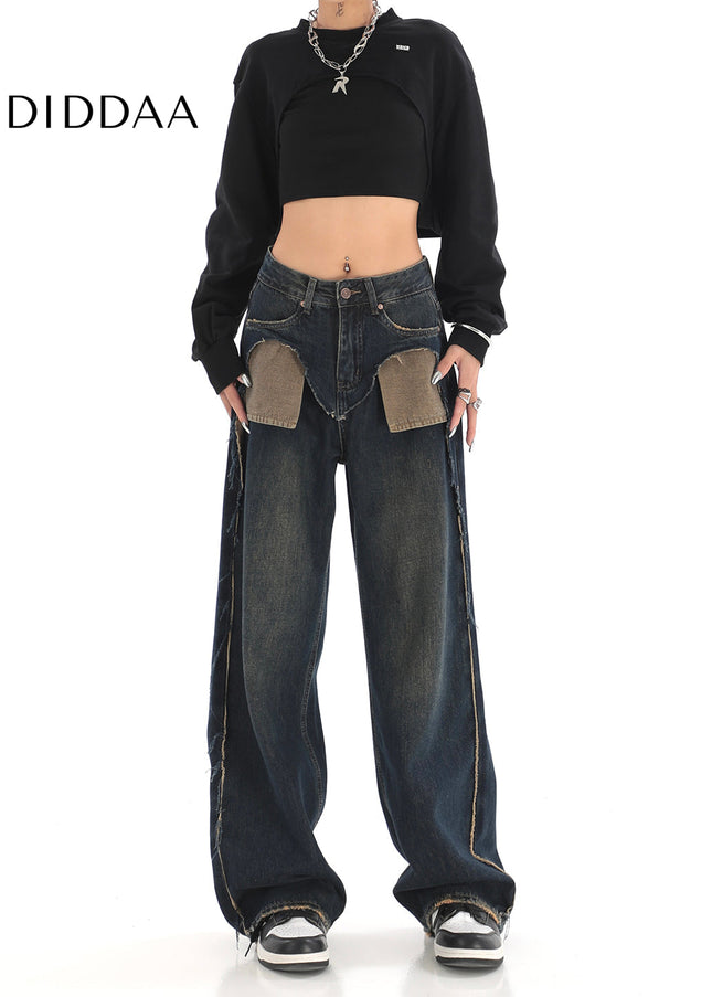 Blue Raw Edge Wide-Leg Jeans with Unique Design - Women’s Jeans