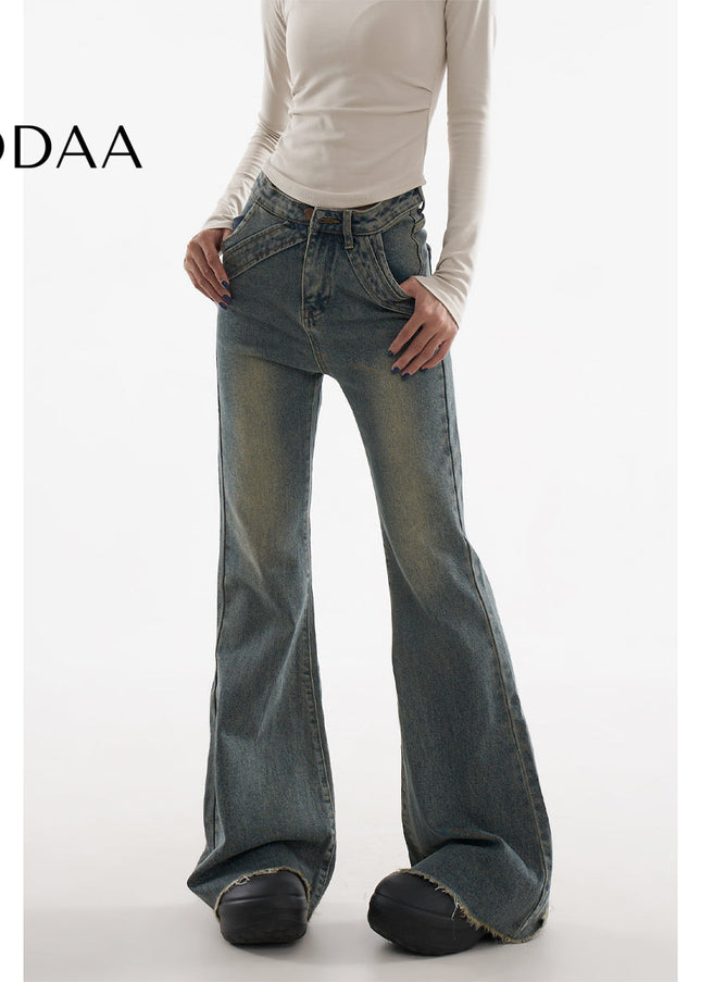 Blue Raw Edged Low Rise Flared Jeans for Women - XS / Vintage Blue - Women’s Jeans