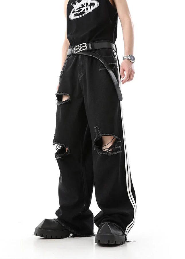 Blue Raw Ripped Wide Leg Jeans Men’s Summer Trousers - Men’s Jeans