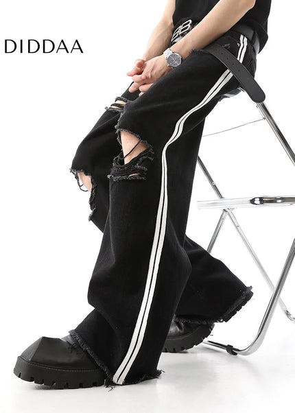 Blue Raw Ripped Wide Leg Jeans Men’s Summer Trousers - Men’s Jeans