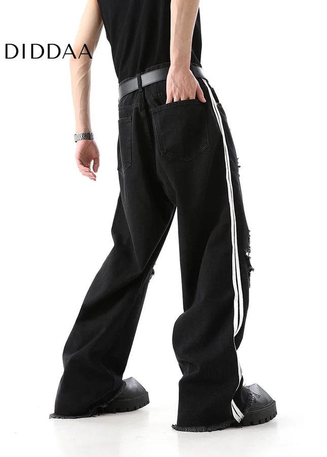 Blue Raw Ripped Wide Leg Jeans Men’s Summer Trousers - Men’s Jeans