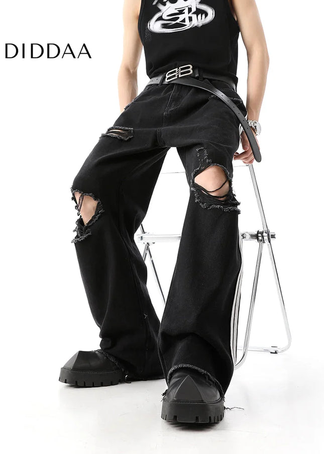 Blue Raw Ripped Wide Leg Jeans Men’s Summer Trousers - Men’s Jeans