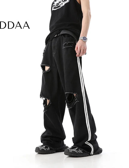 Blue Raw Ripped Wide Leg Jeans Men’s Summer Trousers - S / Black - Men’s Jeans