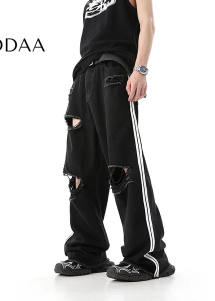 Blue Raw Ripped Wide Leg Jeans Men’s Summer Trousers - S / Black - Men’s Jeans