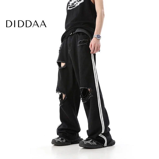 Blue Raw Ripped Wide Leg Jeans Men’s Summer Trousers - S / Black - Men’s Jeans
