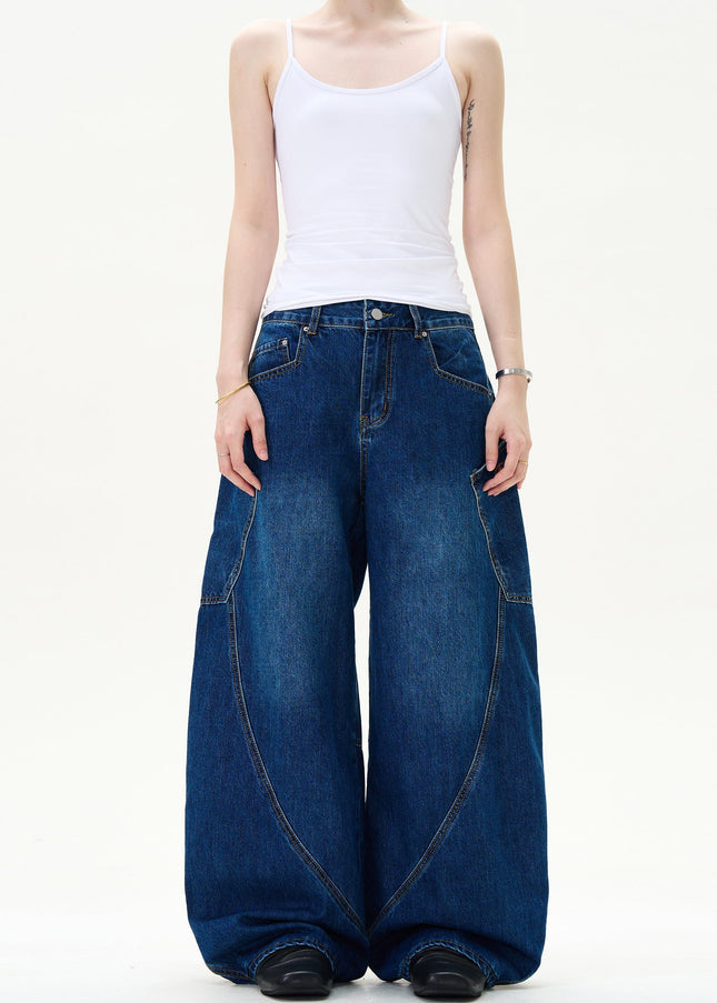 Blue Retro Baggy Wide Leg Jeans with Big Pockets - Men’s Jeans