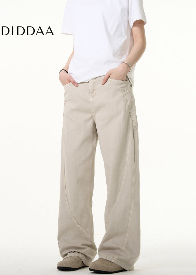 Blue Retro Curved Patchwork Loose Straight Jeans - Men’s Jeans