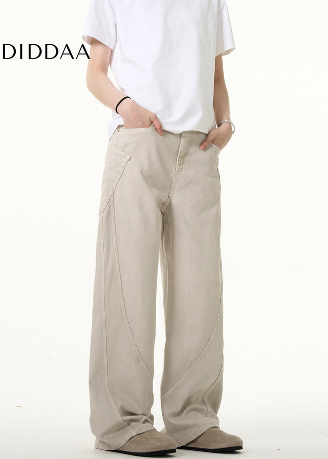 Blue Retro Curved Patchwork Loose Straight Jeans - Men’s Jeans