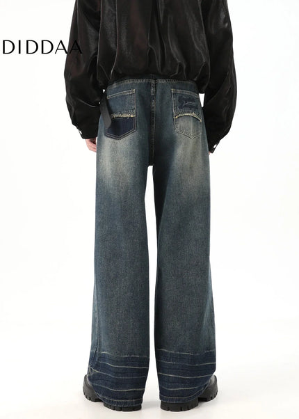 Blue Retro Distressed Drape Mop Straight Jeans - Men’s Jeans