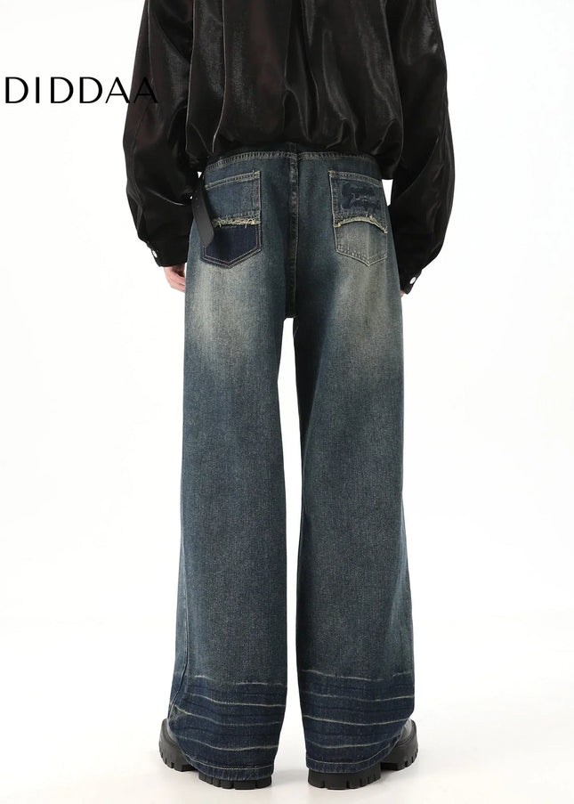 Blue Retro Distressed Drape Mop Straight Jeans - Men’s Jeans