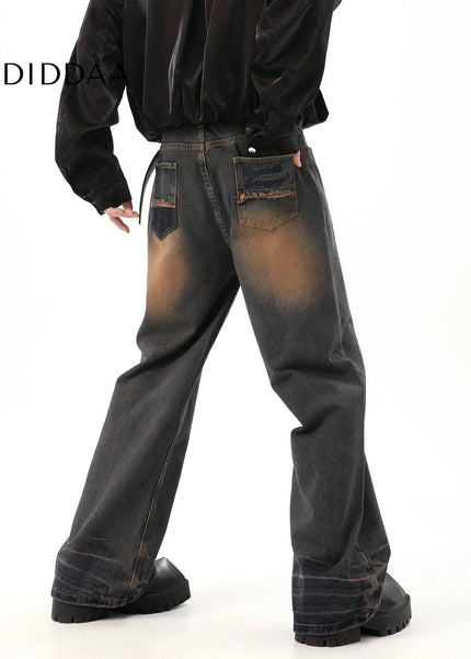 Blue Retro Distressed Drape Mop Straight Jeans - Men’s Jeans