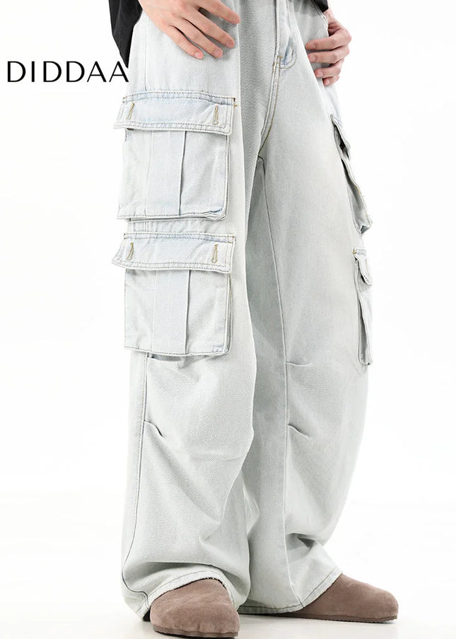 Blue Retro Distressed Multi-Pocket Cargo Jeans - Men’s Jeans